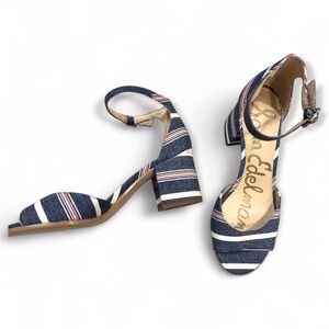 NWOT Sam Edelman Susie Block Heel Sandals – Denim and Red Stripe – Size 7.5